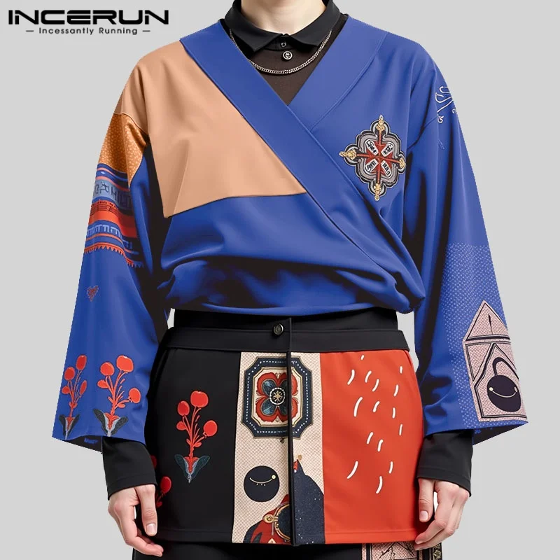 

2025 Spring Long Sleeve Print Men T-Shirts INCERUN Male Tops Tee Streetwear Party Oversize Fashion Men's Clothing T Shirt