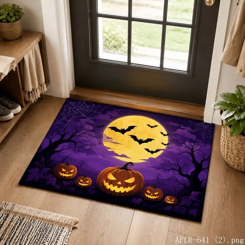 Halloween Twig Bat Moon Pumpkin Door Mat Non Slip Entrance Rug Spooky Night Sky Holiday Front Door Home Decor