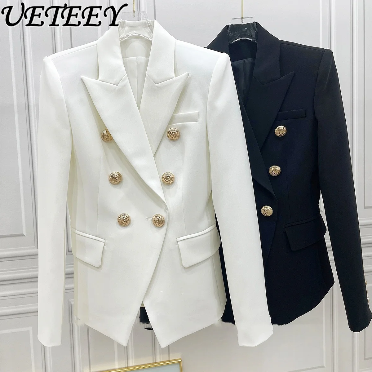 

Black White Metal Double-breasted Temperament Suit Blazer Coat Socialite Autumn New Short Slim-fitting Waist Suit Jacket Women