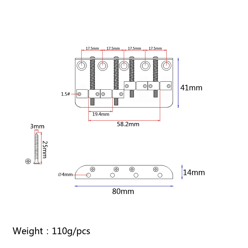 

GA1019 Metal 4 String Bass Bridge Vintage Style Bridge for Guitar with 5 Screws and 1 Wrench (Silver)