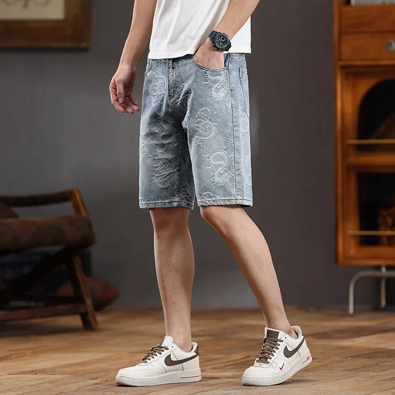 Short jeans estampado bordado masculino, calça solta, marca de moda de rua alta, tendência casual, verão, novo, 2024