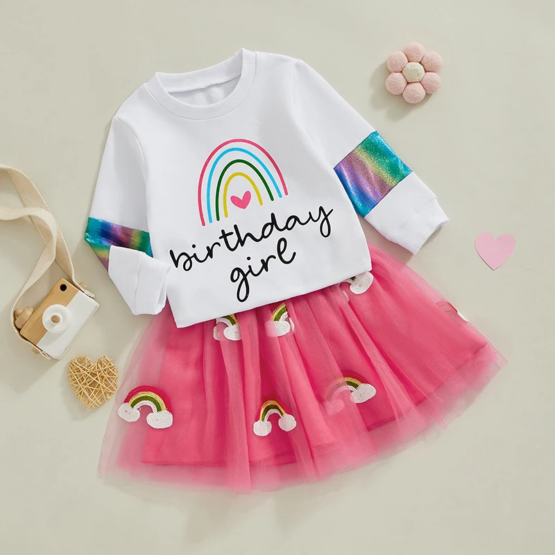 Pakaian musim gugur anak perempuan, pakaian ulang tahun anak perempuan, rok Tulle pinggang elastis, kaus Pullover motif huruf pelangi