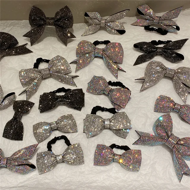 Błyszcząca kolorowa srebrna kokardka damska akcesoria do włosów elastyczne opaski do włosów Barrettes luksusowa fantazja Rhinestone kokardka węzeł gumki do włosów