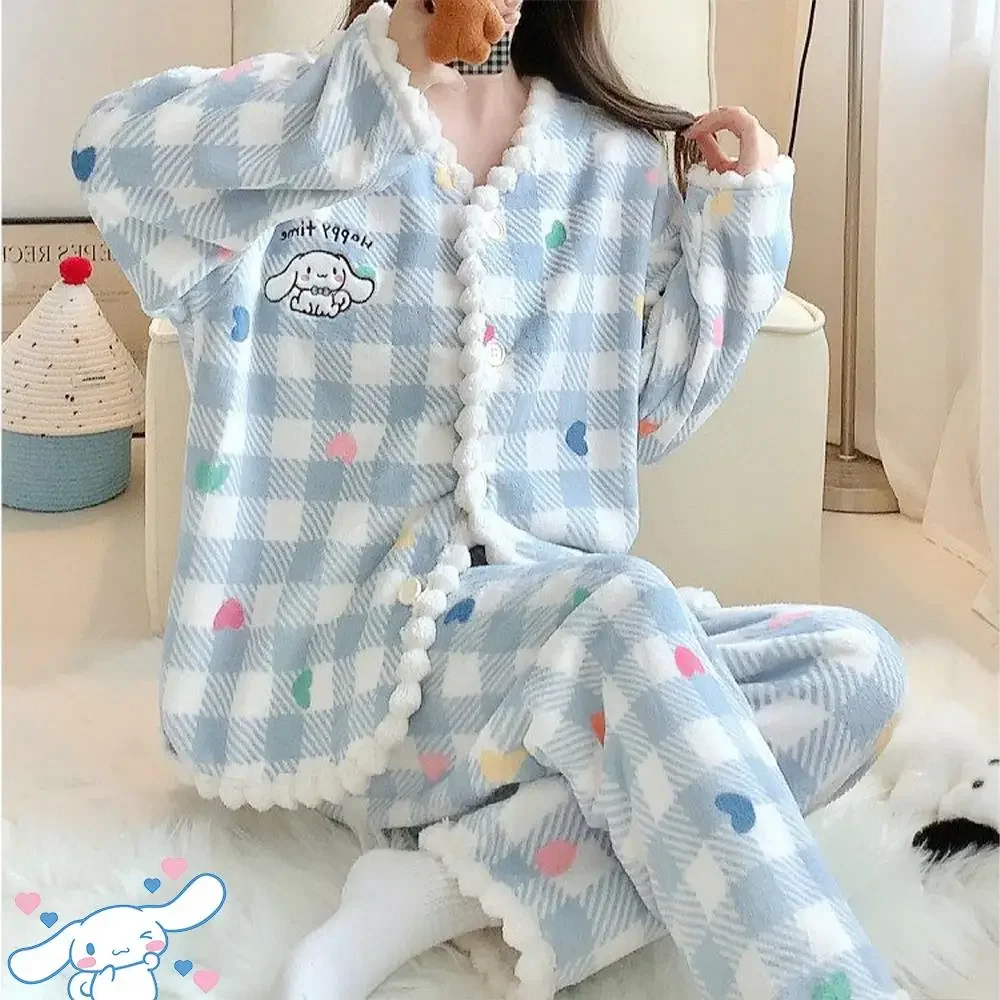 Cinnamoroll Cartoon Plush Pajama Set Sanrioed Anime Coral Velvet Women Sleepwear Cute Warm Winter Homewear Girls Tops Pants