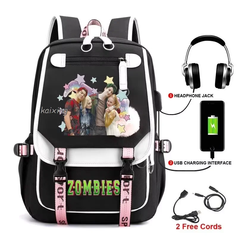 Movie Character Star Print Backpack Color Block Pom Pom Decor USB Charging Port Student Teen Girls Casual Travel Daily Schoolbag