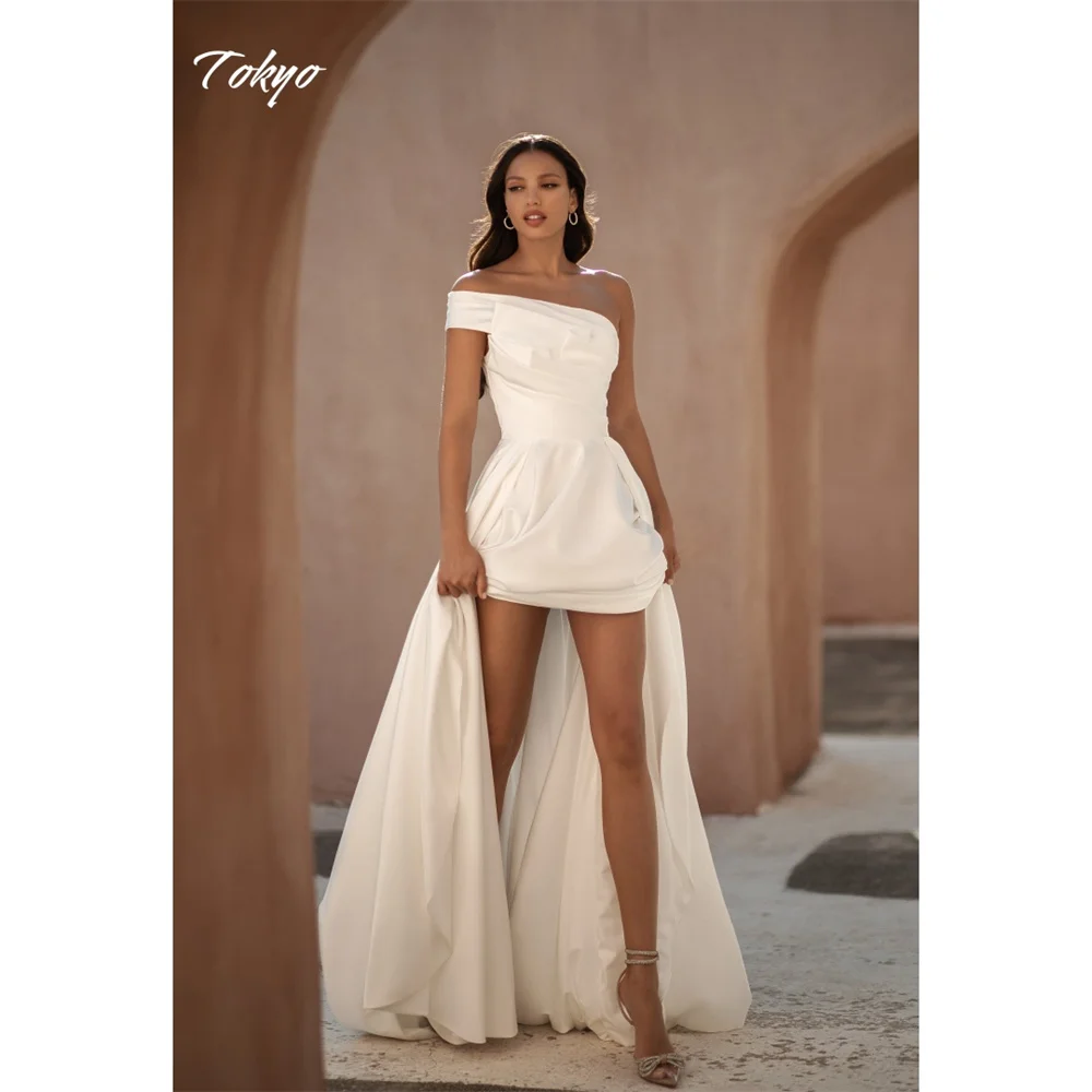 Tokyo Customized White One Shoulder Wedding Dress Sleeveless A-Line Back Zip Elegant Bridal Gown 2025 Court Train Wedding Gown