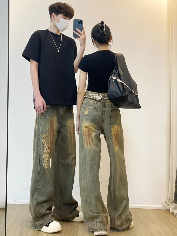 Jean bleu taille haute pour femme, pantalon droit Vintage Y2K, en Denim, déchiré, Streetwear américain, jambes larges, Baggy, été