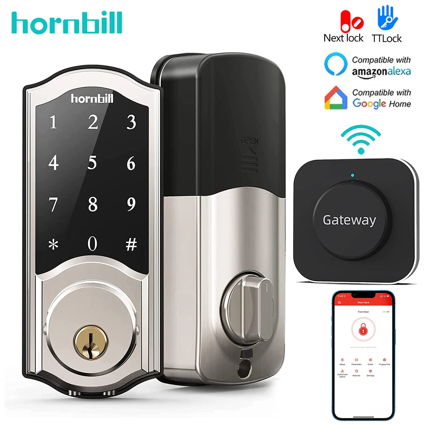 Hornbill WiFi Smart Door Lock With Gateway Remote Control Keyless Entry Locks Digital Electronic Front Door Deadbolt For Home