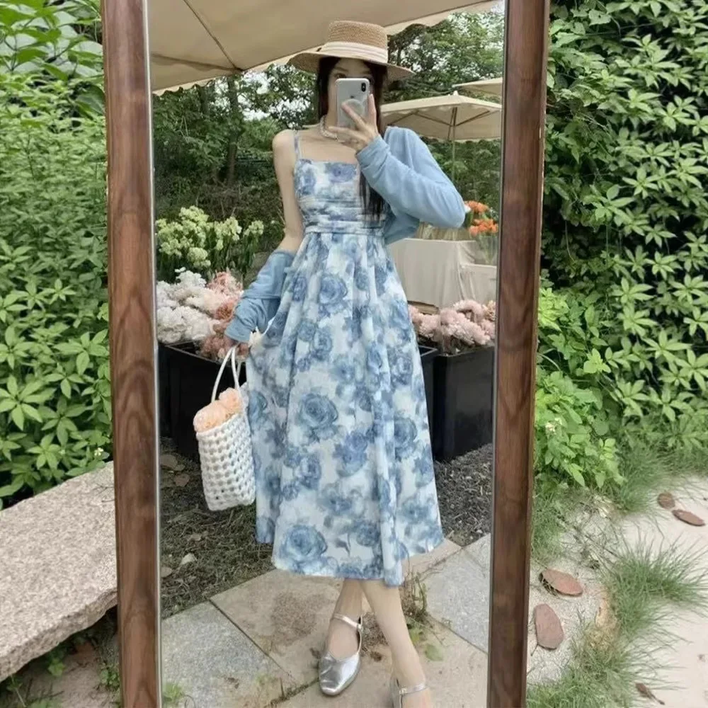 New Retro Design Floral Strap Dress Seaside Vacation Style Easy Matching Sling Beach Dress