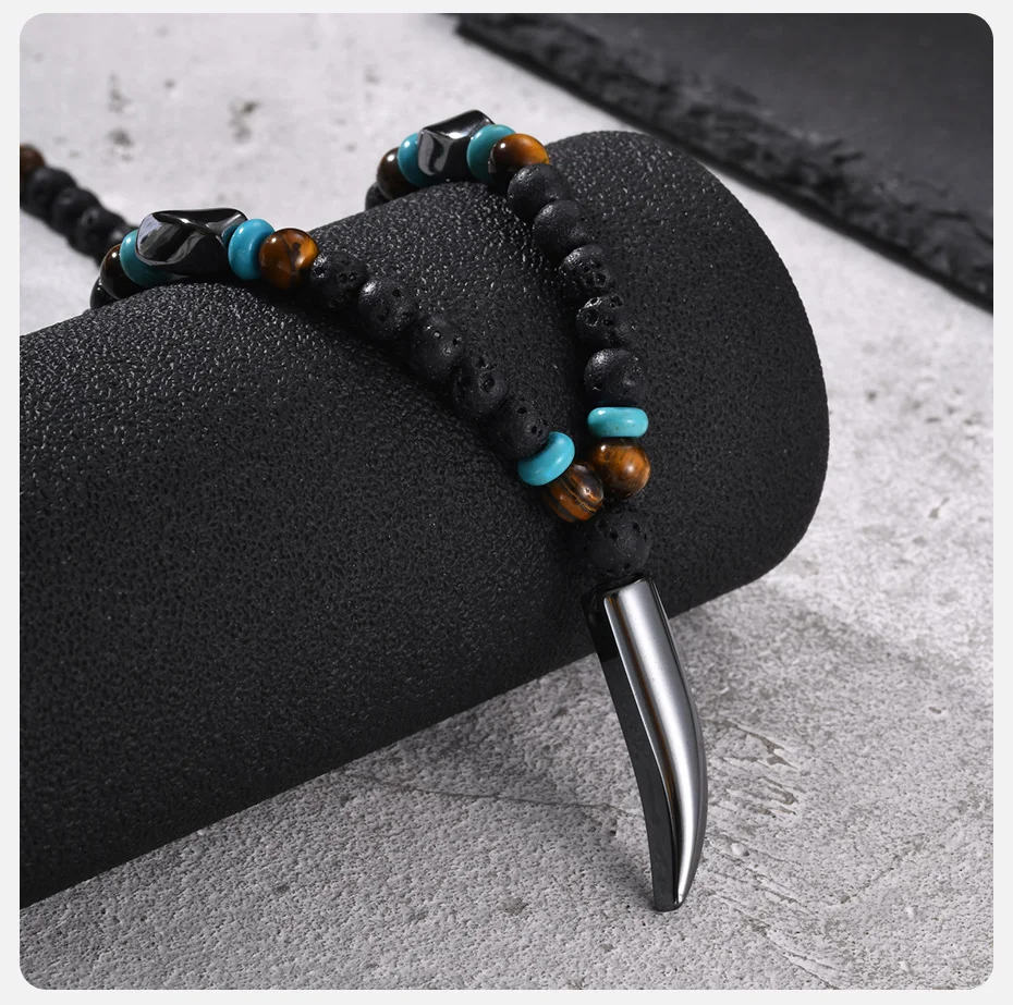 Vnox Herren Lavastein-Perlenkette, Hämatit-Wolfszahn-Anhänger, Tigerauge-Türkis-Perlen Tribal Männerschmuck für den Alltag, Geschenk – Detail 5