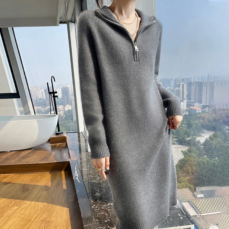 High-end zipper lapel pure cashmere sweater women\'s long over-the-knee sweater skirt loose lazy wind knit bottoming shirt