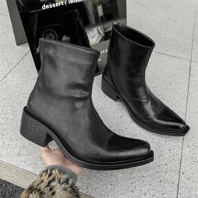 Men Black Chelsea High-heeled Boots Zippered Upturned Niche Personalized Simple Fashionable Wizard Boots