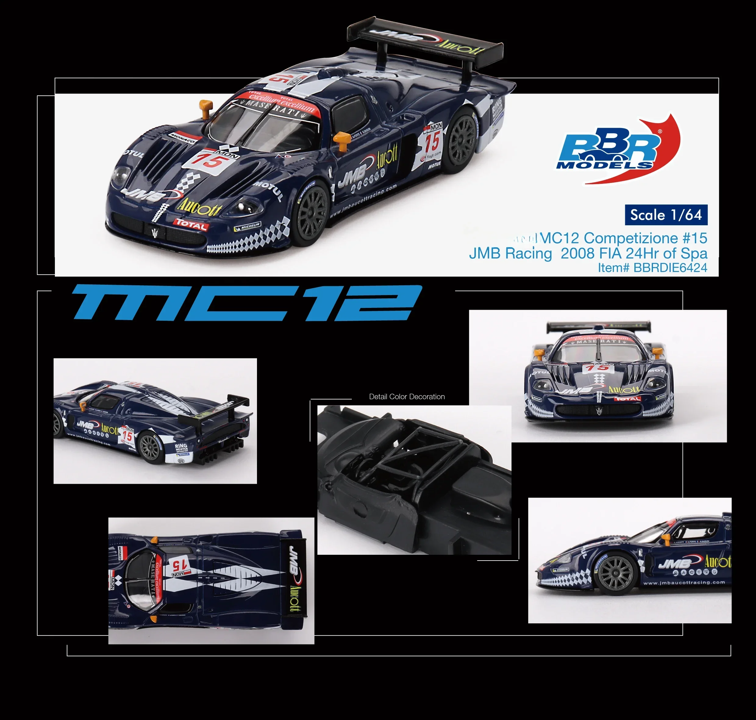 BBR Diecast Model Car, 1:64, MC12, Competição #15, JMB, Corridas 2008, FIA 24Hr