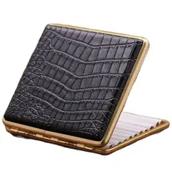 20 Cigarettes KUBOY Crocodile Pattern Cigarette Case Brass Genuine Leather Black Metal Double-Sided Holder Thick &Slim Cigarette