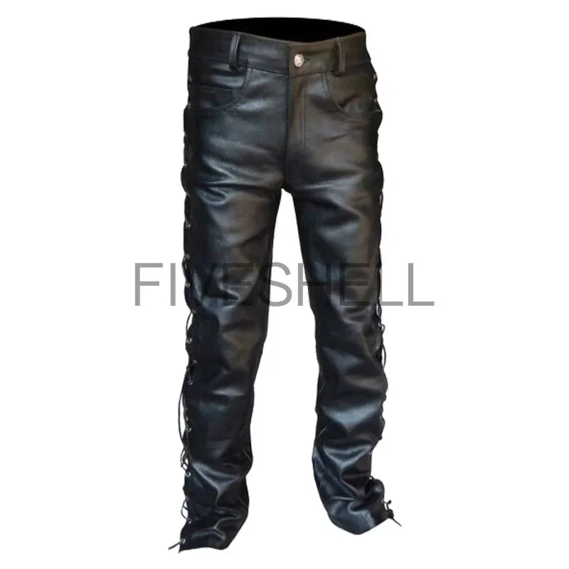 Medieval Lace Up Leather Pants Motorcycle Punk Black Pants for Men Winter Big and Tall Mens Clothing Pantalon Homme Trousers