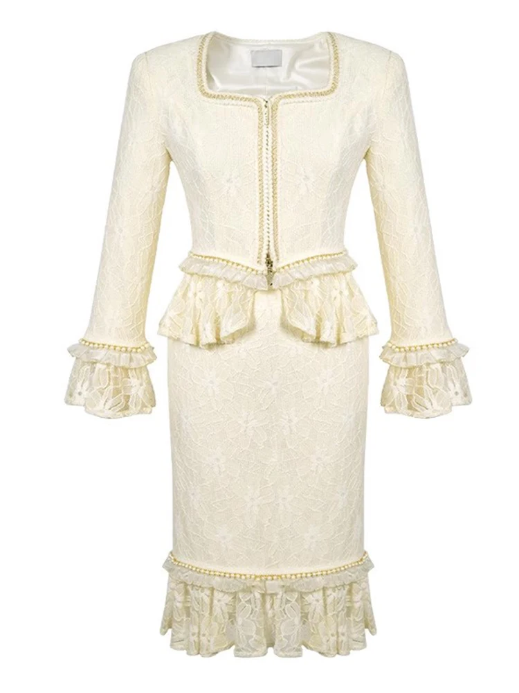 Mode dames dentelle luxe doux 2 pièces tenue femmes vêtements élégant bureau hauts chemise chemisier et jupe portefeuille hanche Mujer mince ensemble