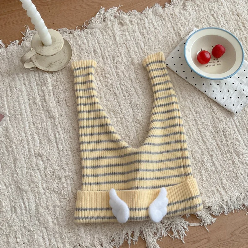 Women's Yellow Gray Striped Knit Beanie Hat Cute Angel Wing Long Tail Slouchy Stocking Cap Soft Warm Winter Kawaii Elf Style