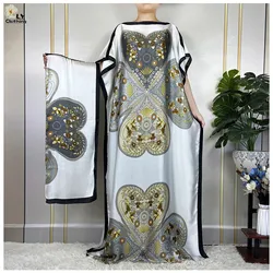 2023 New Muslim Abayas Summer Silk Soft Loose Femme Robe African Dashki Islam Pattern Printing Women Dresses With Belt Turban