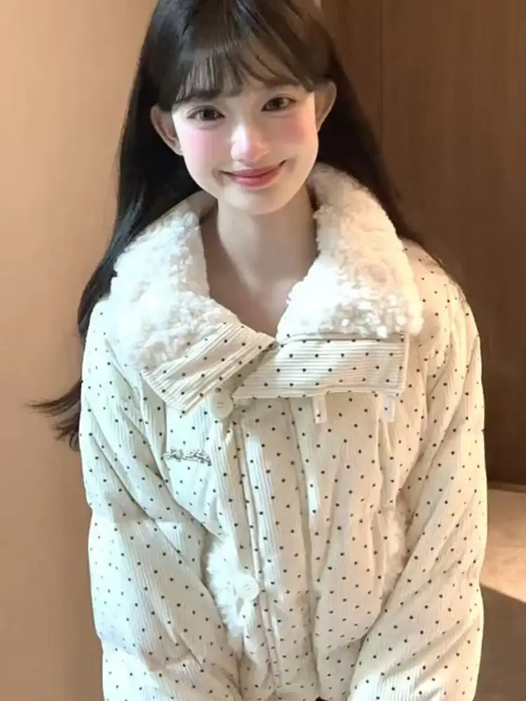 Korean design polka dot clothes fur collar sweet winter new thickened loose  jacket bread short cotton-padded clothes