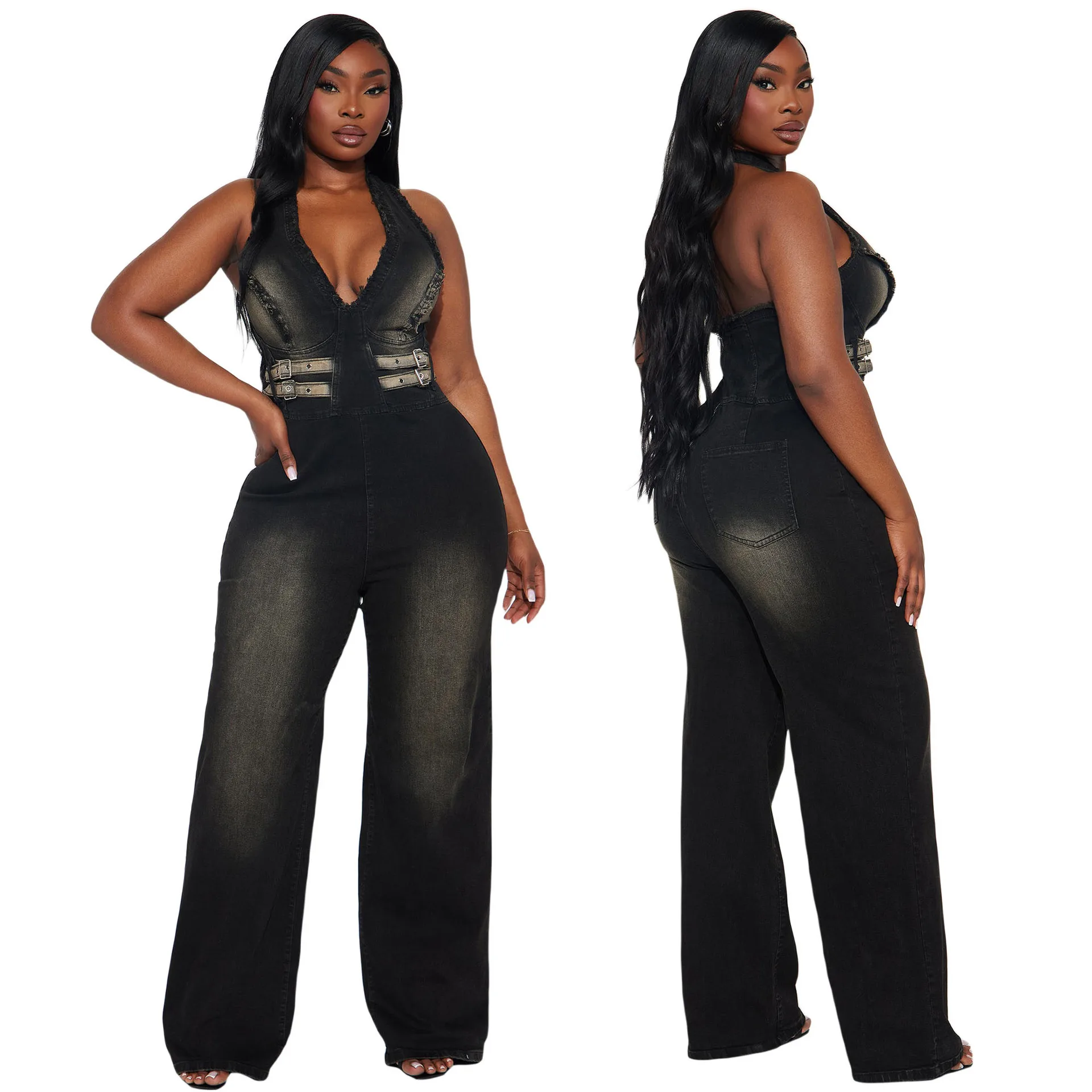 Elegant Women Denim Jumpsuits Sleeveless Halter Neck Rompers 2025 Summer Workout Activewear Sexy Backless Office Lady One Piece