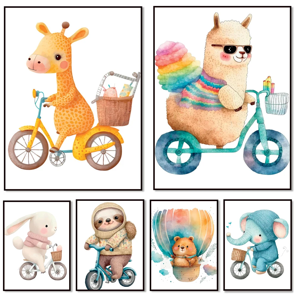 Cute Chipmunk, Sloth, Llama, Giraffe, Monkey, Rabbit, Lion, Elephant Biking Prints, Baby Watercolor Animal Art - Nursery Poster