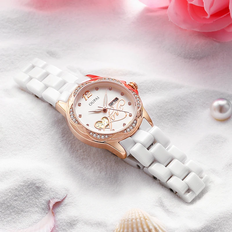 OUPAI-Reloj de esfera redonda para mujer, accesorio de cerámica con diamantes de imitación, exquisito, luminoso, resistente al agua, calendario semanal, a la moda y elegante