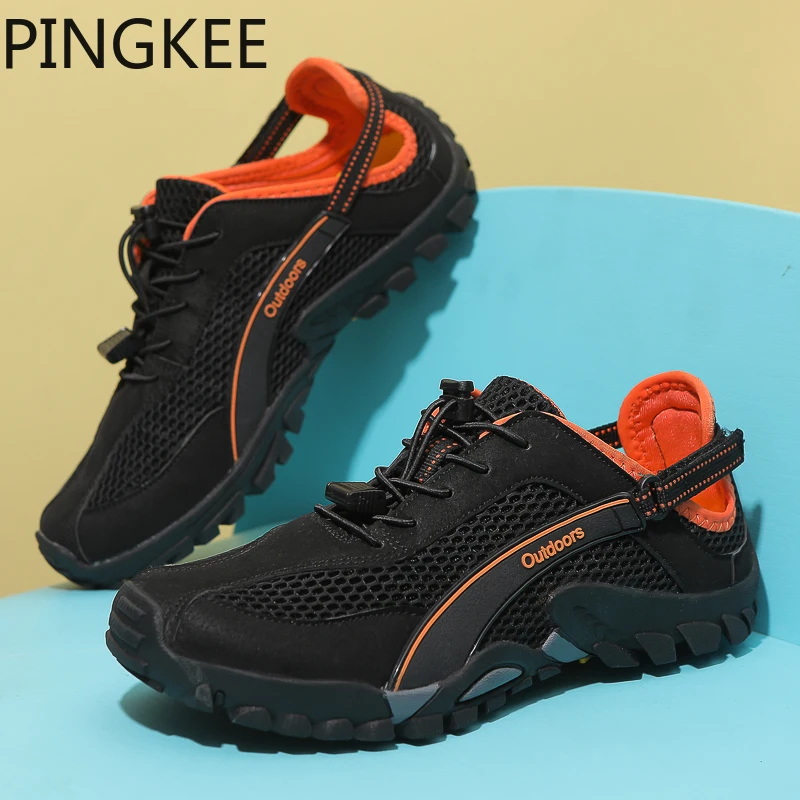 PINGKEE Light Unisex Air Mesh Lace-lock Bungee Cord Water Aqua Drainage Hole Men's Sneakers Shoes Summer Hiking Sandals For Men