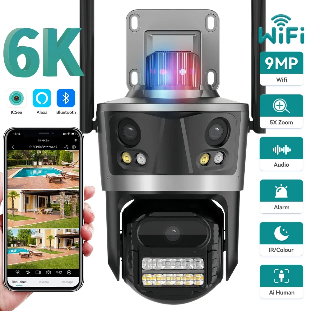 

9MP 6K HD PTZ Wi-Fi IP-камера с тремя объективами и тремя экранами 4K 8MP Dual Len Dual Screens Автоматическое отслеживание Уличная беспроводная камера ICsee