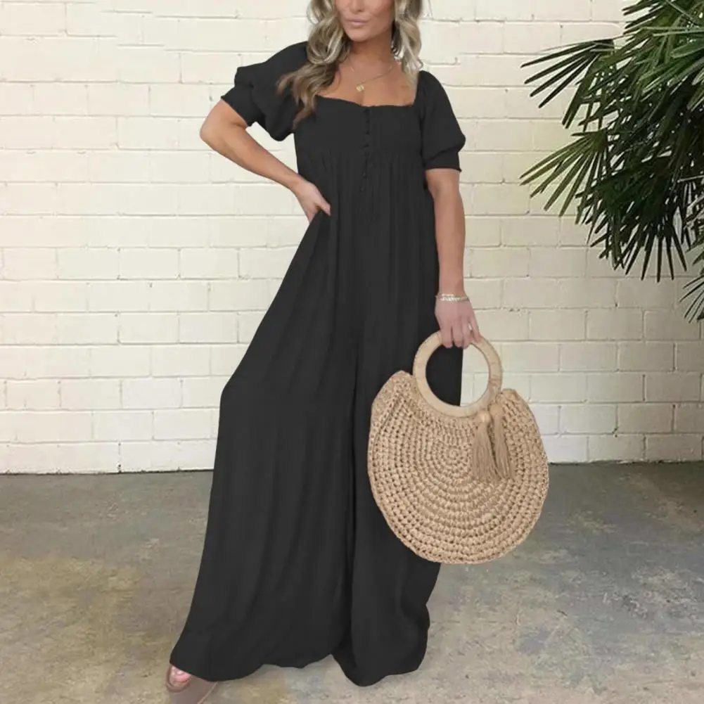 

Summer Women Wide Leg Pants Women High Waisted Jumpsuit Sexy Square Collar Pleat Romper Summer Puff Short Sleeve Loose Overalls