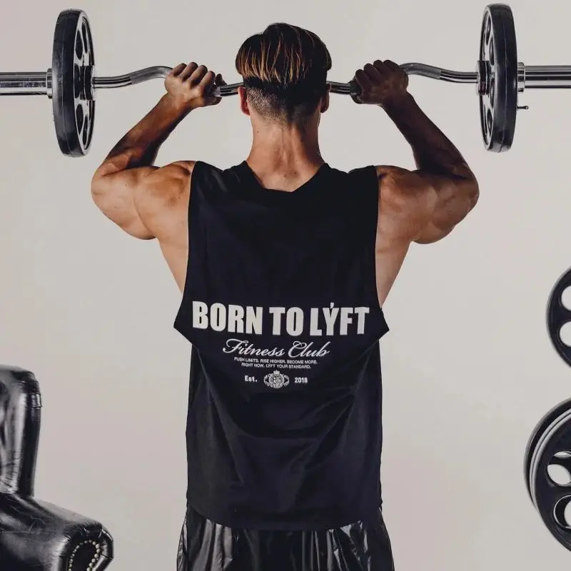 

BORN TO LYFT Summer Mens Cotton Tank Tops Muscle Gym Sleeveless Workout T Shirts Running Training Loose Tees Gym Sports Singlet