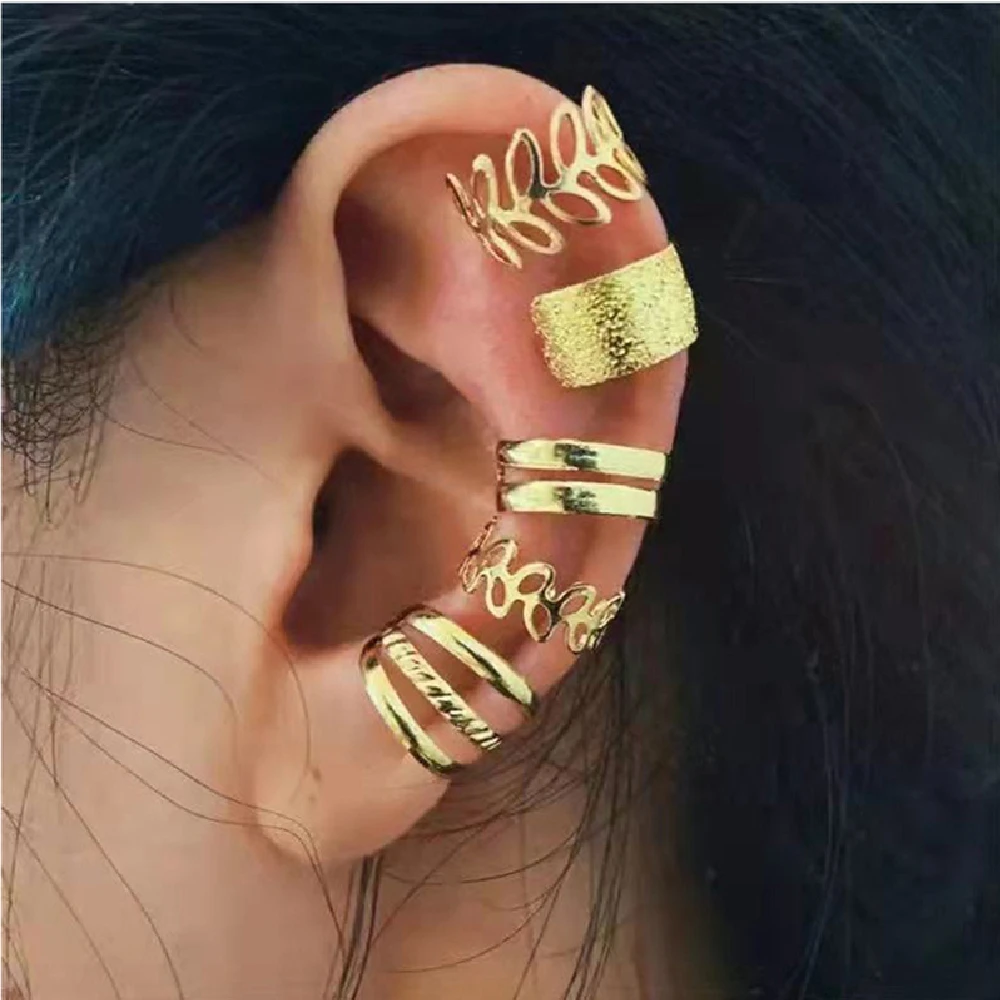 5pcs Gold Ear Bone Clip Women Fashion Trend Wind Personalized Gold Plated C Shaped Hollow Ear Clip