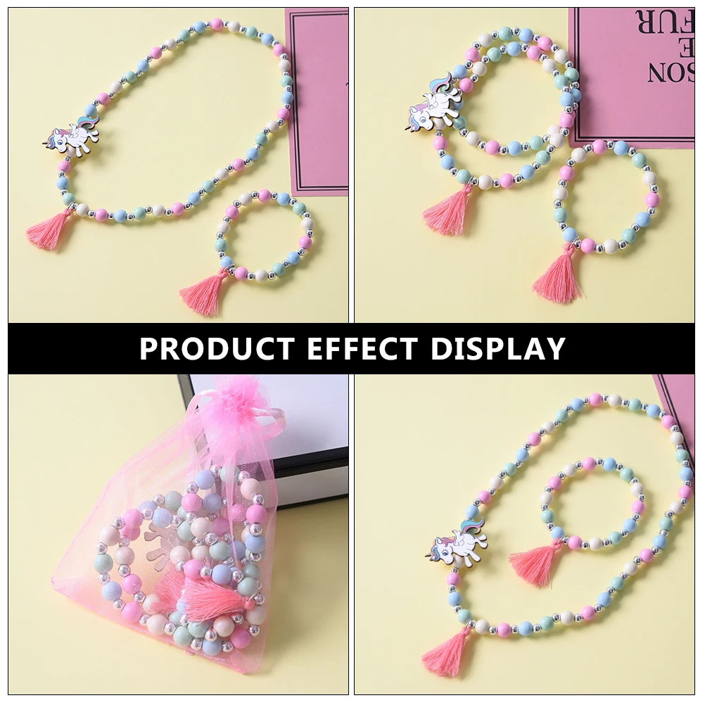 Wooden Children's Necklace Bracelet Little Kids Bead Gifts Beaded Cartoon Unicorn Bracelets Toddler for Girls