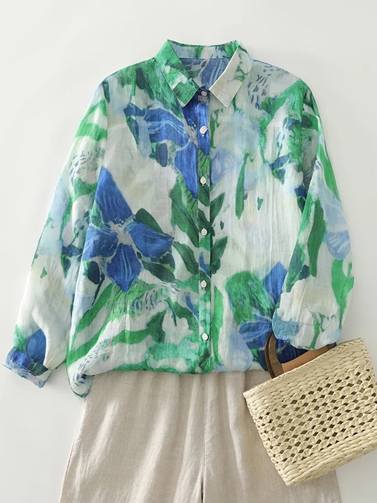 

Cotton Linen Printed Long Sleeved Shirt for Women in Spring Autumn New Loose Casual Turn-Down-neck Plus Size Blouse Top S103