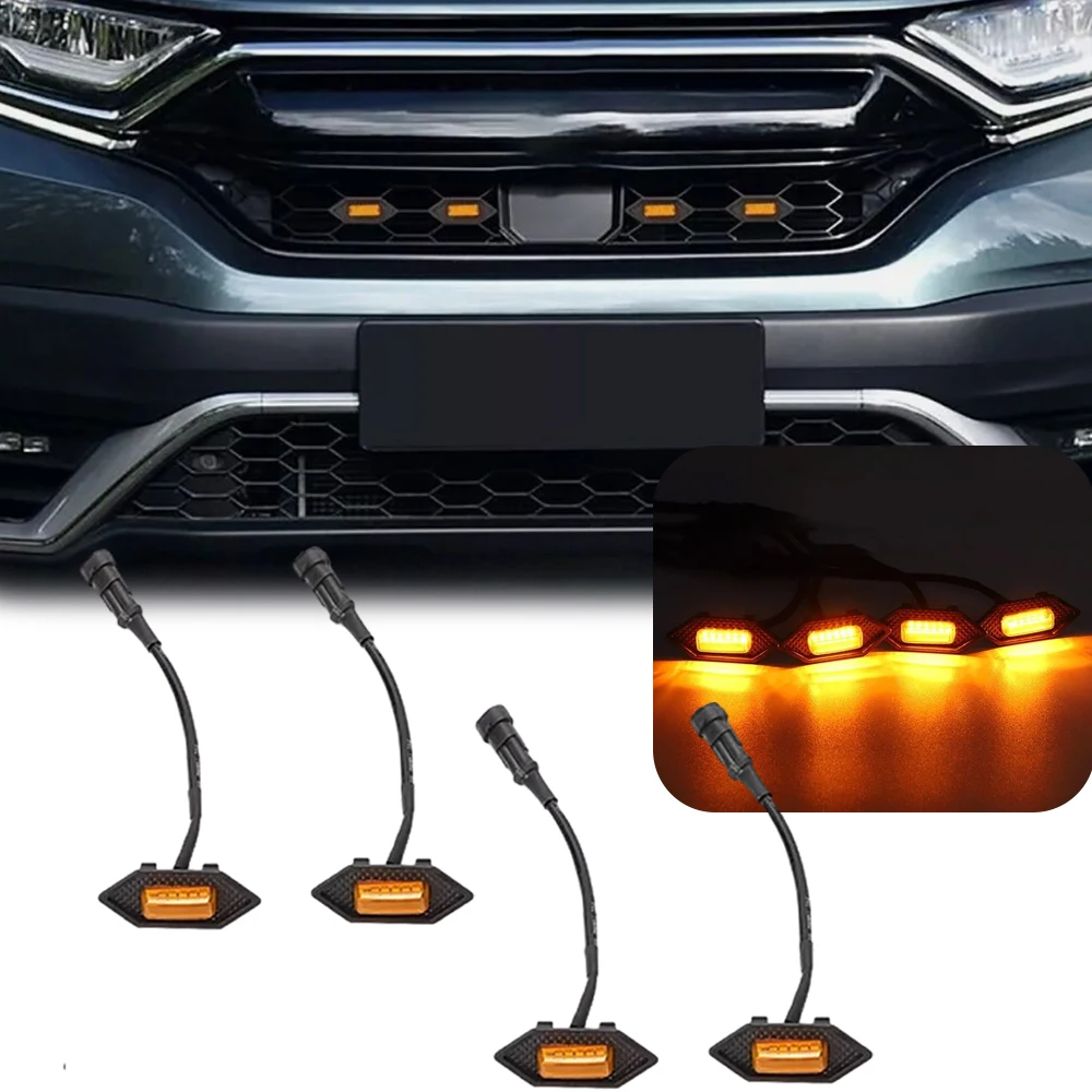 

4pcs Front LED Grill Grid Light Amber Lights for Honda CRV 2017-2022 Cover Trim Front Hood Fender External Grill Lamp Light