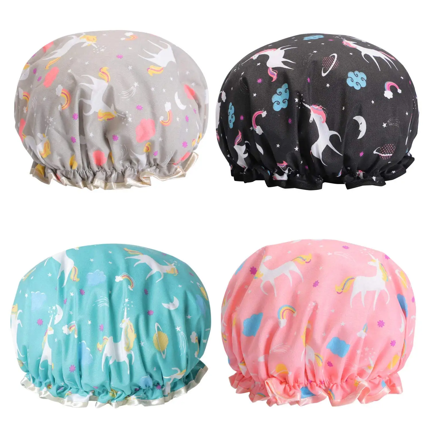 

Shower Caps, Double Layers Bath Hat for Women Girls to Cover Long and Thick Hair, Reusable Waterproof Bonnet 4 Pack