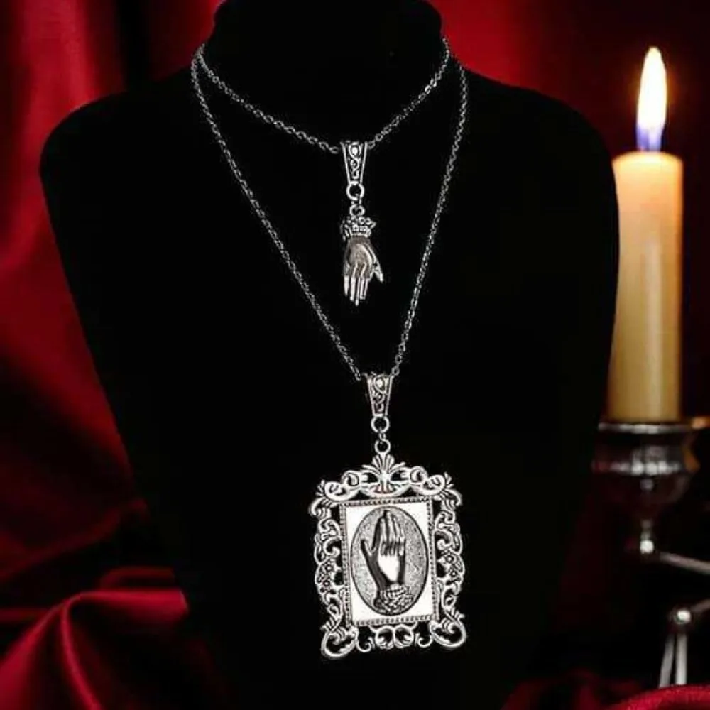 Victorian Vintage Ornate Frame Prayer Hands Pendant Double Layer Necklace for Women Gothic Halloween Party Gothic Jewelry Gifts