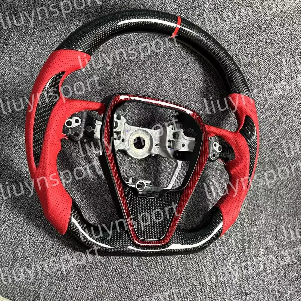 عجلة قيادة من الجلد الأحمر من ألياف الكربون الحقيقية لسيارة تويوتا كامري كورولا RAV4 18-23