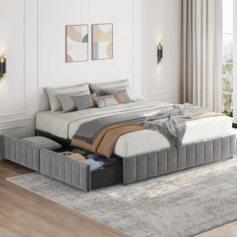 

Bed Frame Upholstered Platform Bed Large Storage Space/Strong Wooden Slats/Non-Slip and Noise-Free/No Fixed Headboard