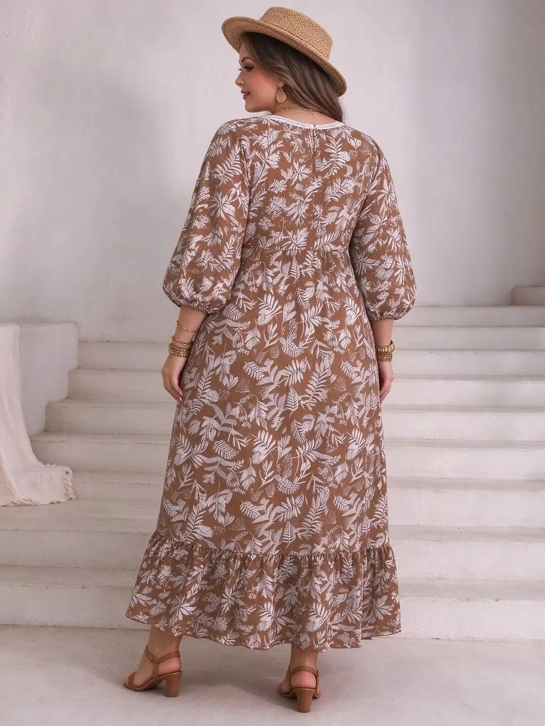 Plus Size Women Leaf Floral Maxi Dress Lace V Neck Lantern Sleeve Ruffle Hem Loose Beach Boho Long Vestidos