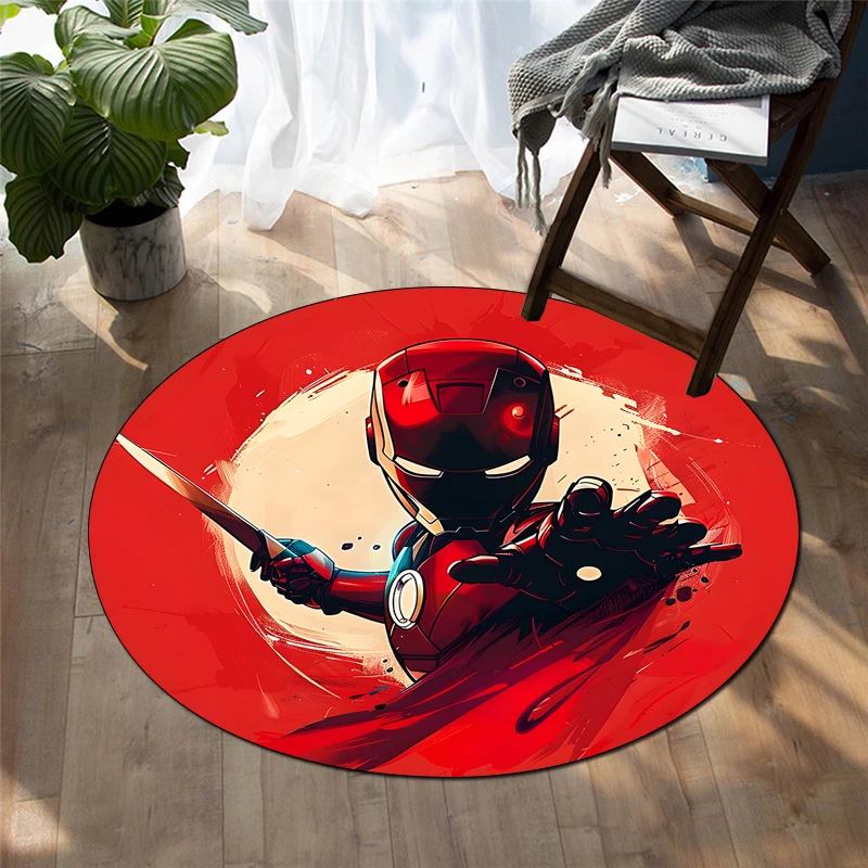 Iron Man Printed Cartoon Round Carpet for kids Living Room Rugs Camping Picnic Mats Flannel Anti-Slip Rug Yoga Mat Gifts