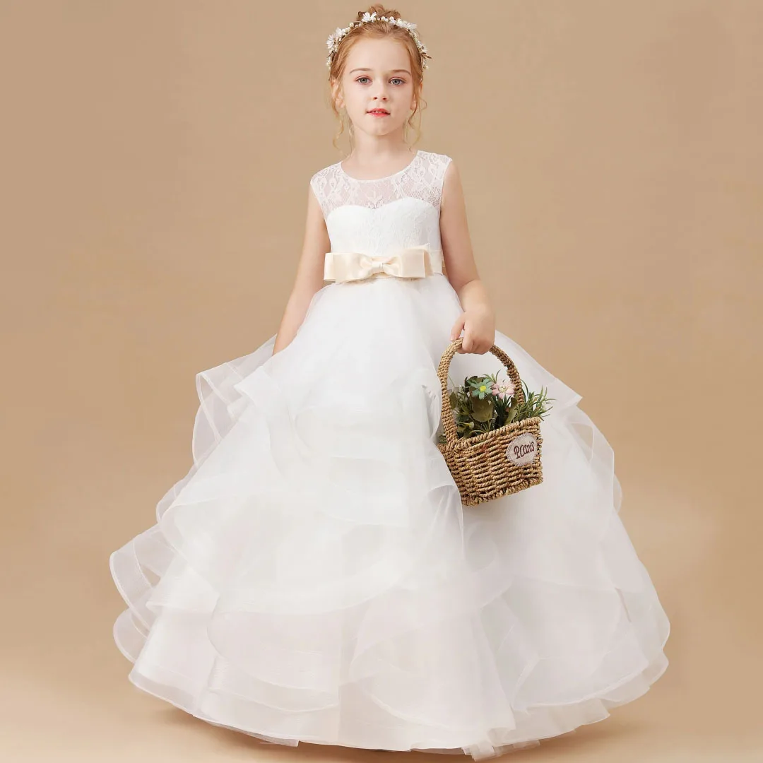 

Customized Flower Girl Dress White Tulle Tiered Appliques With Bow Belt Sleeveless For Wedding Birthday Prom Holy Communion Gown