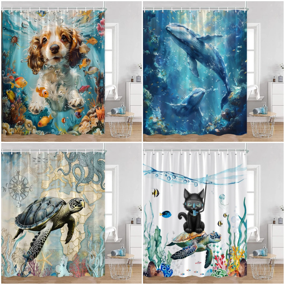 

Забавные животные, занавески для душа, плавательные кошки, Кит, черепаха, коровы, океанские животные, занавеска для ванной комнаты, полиэфирная ткань, украшения для ванны