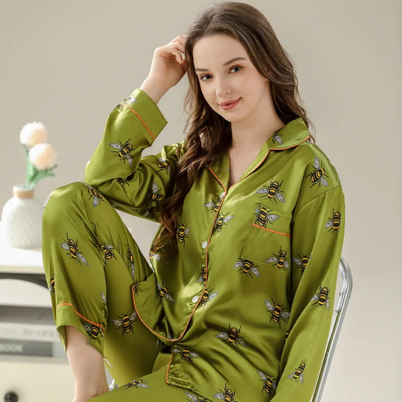 Women\'s Pajamas Sets Spring 2 Piece Animal Bee Print Pyjama Faux Silk Satin Sleepwear Long Sleeve Pijama Mujer Pjs Homewear