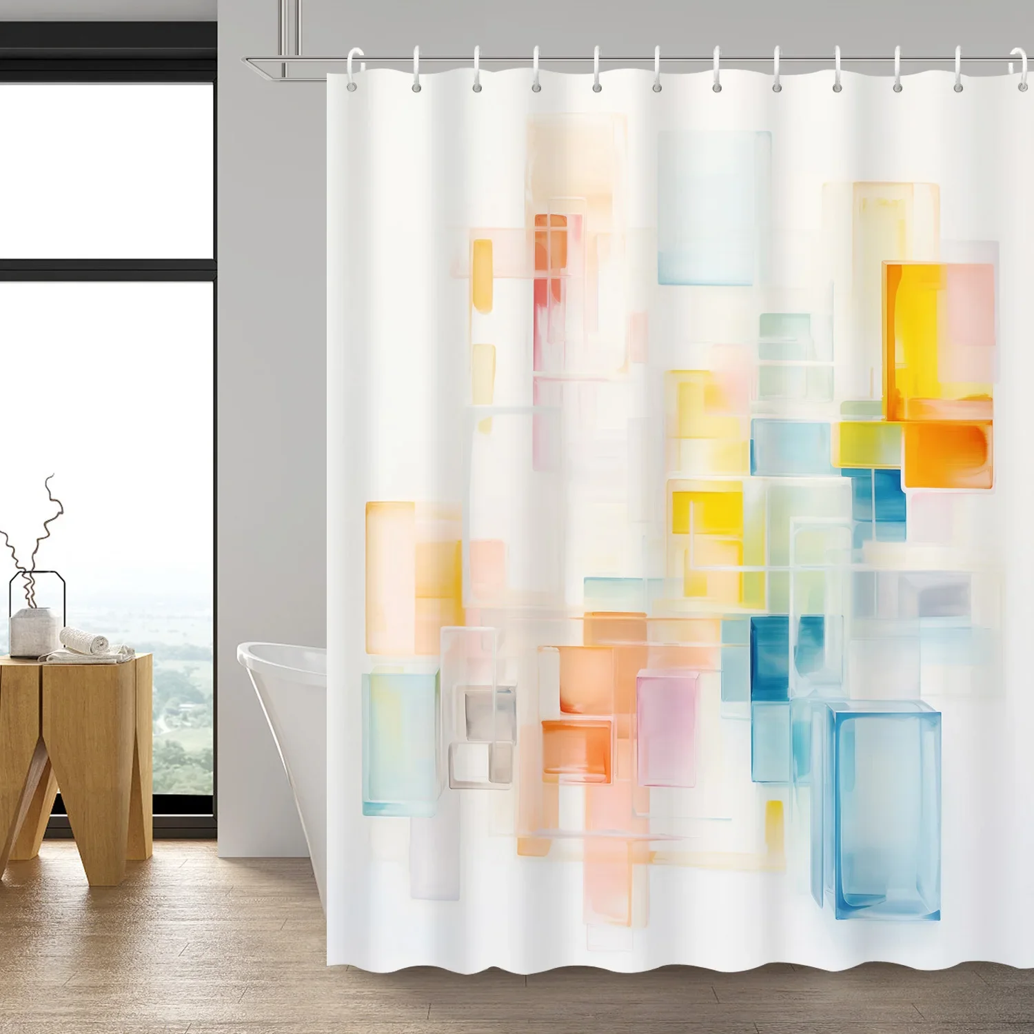 HI-Abstract Geometric Colorful Block Design Shower Curtain - Polyester Modern Art Bathroom Accessory with 12 Hooks