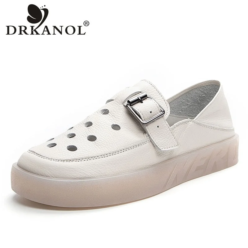 

DRKANOL Fashion Summer Shoes Women Slip On Flat Loafers Genuine Cow Leather Round Toe Hollow Out Breathable Soft Comfort Loafers