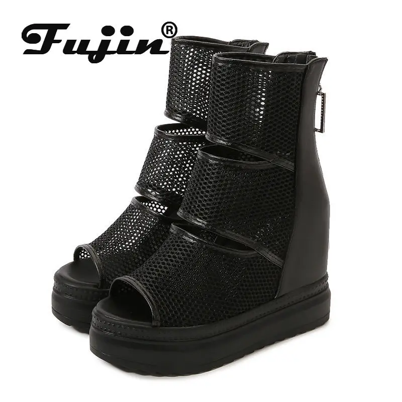 Fujin 13cm Air Mesh Genuine Leather Women Sandals Wedges Shoes Hidden Heel Open Toe Women Summer Shoes Gladiator Sandals Slipper