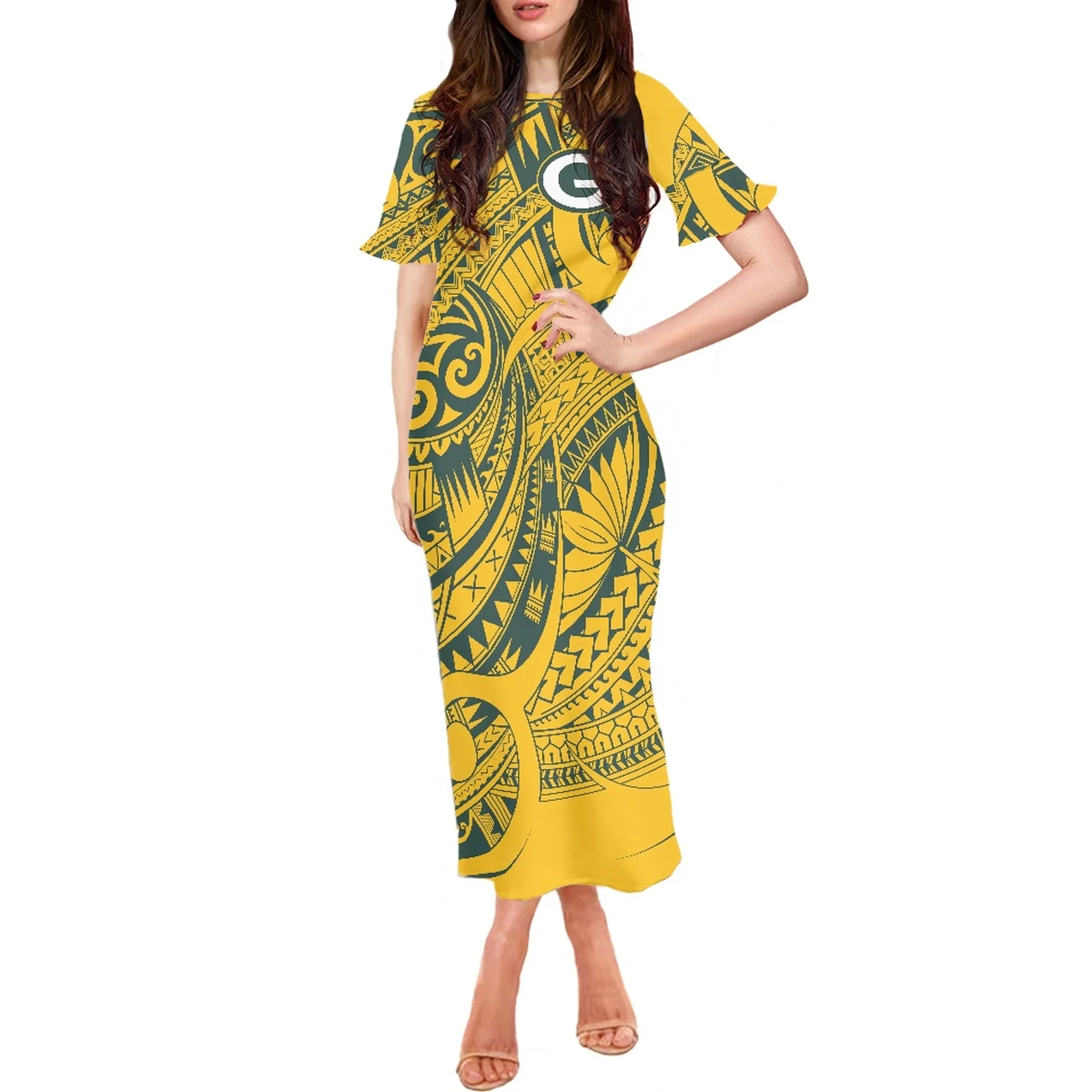 Polynesian Tribal Pohnpei Totem Tattoo Prints Ladies Lotus Leaf Short Sleeve Round Neck Long Dress Sexy Luxury Beach Party Gown