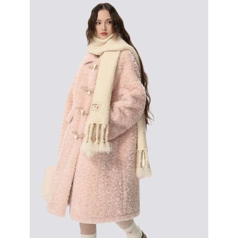 High-end Fashionable Coat New Long Lapel Sweet Lambskin Horn-button Fur Coat Autumn Winter Dopamine Hit Laid-back Style Outcoat
