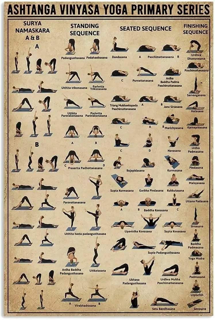 Ashtanga Vinyasa Yoga Primary Series Tin Sign Knowledge Metal Signage Infographic Bar Cafe Club Garage Decoration 12x16 Inche