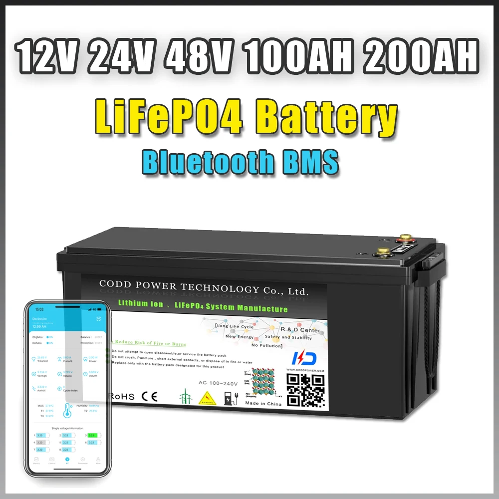 12V 24V 48V 100AH 200AH LiFePO4 Battery Pack Bluetooth BMS For Solar Storage Golf Cart RV Yacht Household Energy Storage